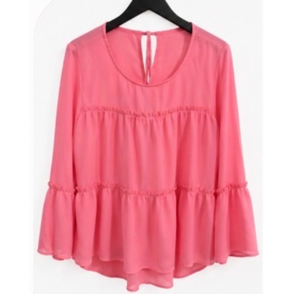 Mi Ami Women XL Pink Tiered Babydoll Blouse Bell Sleeve Tie Back T19S09PINK